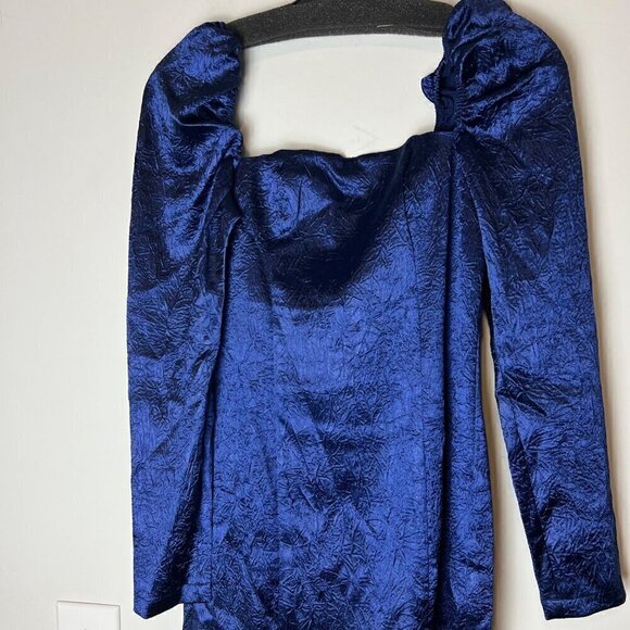 Samsøe Samsøe Nomie Gathered Textured Satin Mini Dress Size Large Navy Blue - Picture 5 of 9